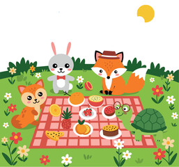 Cute woodland animals having picnic with fruits and desserts on green grass vector illustration 