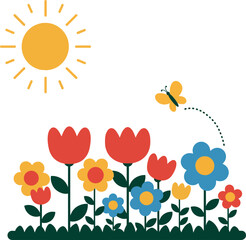 Colorful spring flowers with yellow sun and butterfly vector illustration 