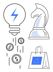 Light bulb with lightning, chess knight, falling coins, and shopping bag with recycle icon. Ideal for innovation, finance, strategy, sustainability, business planning eco-concepts minimal design in