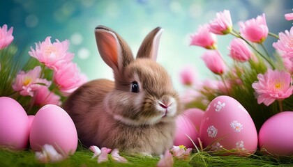 easter background cute bunny with pink easter eggs and spring flowers