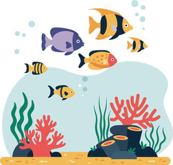 Naklejka premium Colorful tropical fish swimming above coral reef underwater vector illustration 
