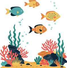 Fototapeta premium Colorful tropical fish swimming above coral reef underwater scene vector illustration 