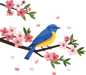 Blue bird perched on cherry blossom branch with pink flowers and green leaves vector illustration 