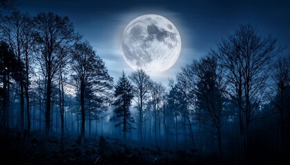 Fototapeta premium full moon over dark spooky forest at night