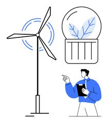 Wind turbine and plant in glass container symbolizing clean energy, sustainability, and conservation. Professional pointing and holding document. Ideal for renewable energy, innovation, environment