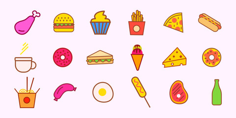 Colorful food and drink icon set, flat design vector collection of fast food, beverages, desserts and meals for restaurant menus, apps and websites