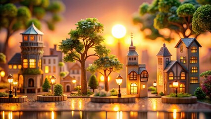 Naklejka premium Miniature Village at Sunset Charming Model Town with Illuminated Buildings and Lush Greenery Reflecting in a Still Pond