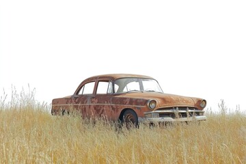 Vintage rusty sedan car abandoned in a grassy field under bright daylight with clear sky, showcasing age, decay, and nature's reclaiming of old vehicles in rural outdoor environment