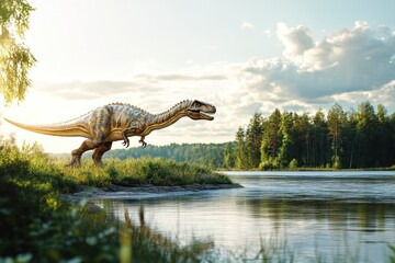 Dinosaur Tyrannosaurus Rex Walking Near Water Edge in Forest Landscape Du Sunset with Cloudy Sky and Dense Green Trees in the Background