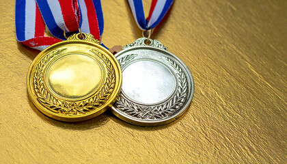金メダル、銀メダル、銅メダルがあるイメージ素材。Image material featuring gold, silver, and bronze medals.