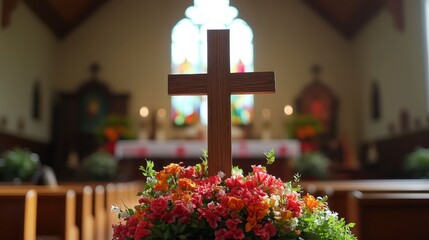 Cross and Flowers in Church with Colorful Stained Glass Window