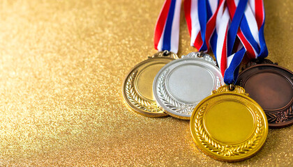 金メダル、銀メダル、銅メダルがあるイメージ素材。Image material featuring gold, silver, and bronze medals.