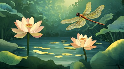 Peaceful lotus pond scene with dragonfly.