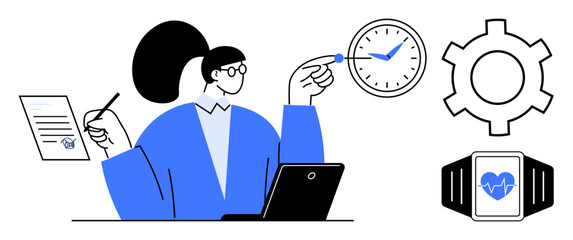 Woman working on laptop, holding document and pen, gear and watch icons, smartwatch with health metrics. Ideal for productivity, work-life balance, health, tech use, planning efficiency simple