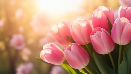 Fototapeta premium pink tulips bouquet on a bright sunny background