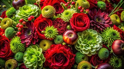 A vibrant bouquet featuring lush red roses, vibrant green succulents, and polished apples creates a stunning floral arrangement.