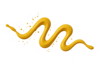 Yellow mustard is splashing, creating a wavy line with droplets, isolated on a transparent background