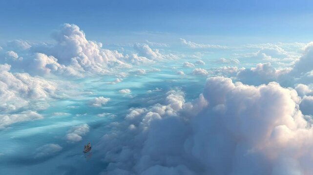 Aerial view of a small ship sailing above a sea of fluffy white and light blue clouds under a bright blue sky. The scene is peaceful and serene, evoking a sense of wonder and freedom.