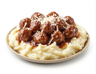 Delicious Meatballs with Mashed Potatoes Topped with Cheese on a Plate