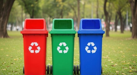 Three recycling bins red green blue symbolizing environmental conservation and waste management in a park setting