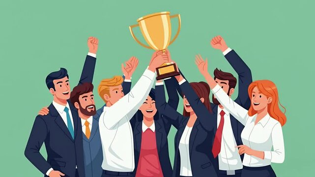 Team Holding Trophy Celebrating Success in Business Environment