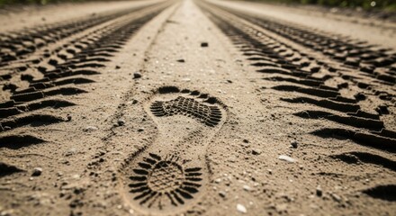 Footprint on sandy road with tire tracks symbolizing journey and progress
