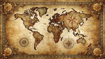 Antique World Map with Ornate Frame and Compass Roses Depicting Global Exploration and Discovery