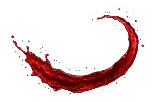 Red liquid splashing, forming an arch, isolated on transparent background, ideal for beverage or food-related designs