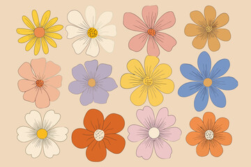 Fototapeta premium Vintage Flower Vector Set � 70s Retro Hippie Style, Groovy Power Flowers, Psychedelic Floral Design