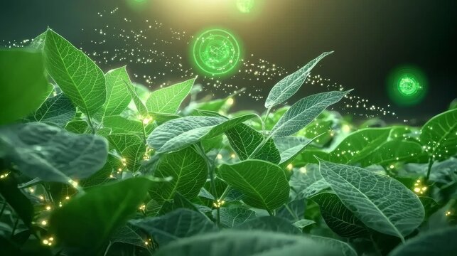 Exploring the Future of Agriculture: Vibrant Green Plants Illuminated with Glowing Leaves and Revolutionary Technology
