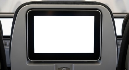 Airplane seatback screen displaying blank white screen mockup ideal for inflight entertainment and advertising