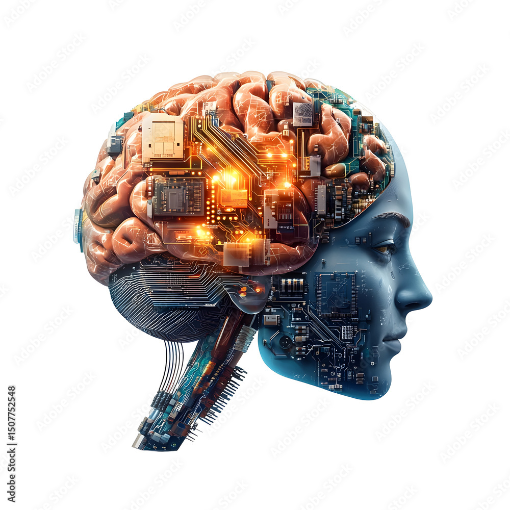Poster a 3d rendered image of a futuristic colorful brain like structure made up of intricate electronic ci
