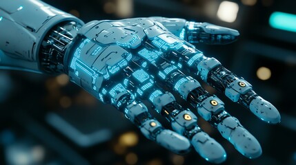Futuristic robotic hand with intricate designs and glowing elements, showcasing advanced technological artistry.