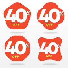 40% off. Sticker, offer, value, advertising, sales, product, tag, shop. Discount, price, label, sell, promo, special, red, balloon, store, retail, shape, set, vector