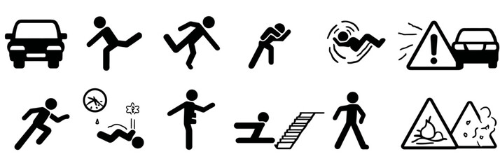 Accident pictogram man icon set with car accident, injury arm, stumble, warning, and danger stick figure signs vector