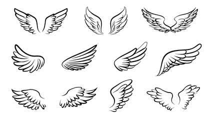 Fototapeta premium Angel Doodle Wing Set � Hand Drawn Sketch Style Wings with Bird Feathers and Angel Concept in Pencil Line Drawing. Vector Illustration.