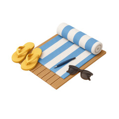 3D icon of minimalistic beach setup with striped towel, yellow flip flops, pen, black sunglasses. Slightly isometric view isolated on transparent. Summer vacation, seaside relaxation.