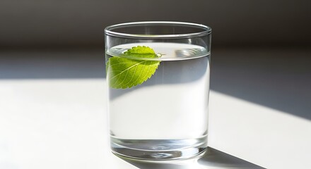 Fototapeta premium Refreshing Glass of Water with Mint Leaf in Sunlight - Hydration, Health, Wellbeing, Minimalist, Modern, Clean, Detox, Spa, Wellness Still Life