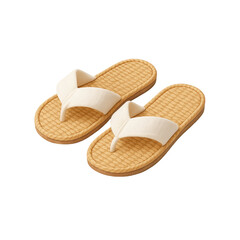 3D icon of minimalistic beige fabric spa flip flops with textured sole. Slightly isometric view isolated on transparent, no shadows. Relaxation, comfort, and wellness accessory concept.
