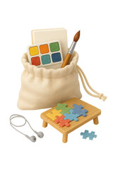 3D icon of minimalistic beige drawstring bag with art supplies, earbuds, and puzzle pieces on a small table. Slightly isometric view isolated on transparent, no shadows. Creativity and play concept.