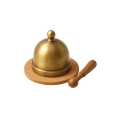 3D icon of minimalistic brass meditation bell with wooden striker on cork base. Slightly isometric view isolated on transparent, no shadows. Sound healing and mindfulness ritual concept.
