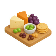 3D icon of minimalistic cheese board with grapes and crackers. Slightly isometric view isolated on transparent, no shadows.