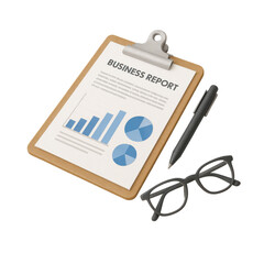 3D icon of minimalistic clipboard with business report, pen, and glasses. Slightly isometric view isolated on transparent, no shadows. Data analysis and financial performance tracking concept.