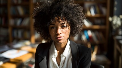 Confident Afro woman in business attire, focused and poised; embodying professionalism and determination in the workplace.