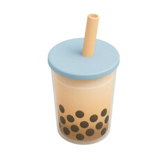 3D icon of minimalistic cup of bubble tea with straw and tapioca pearls. Slightly isometric view isolated on transparent, no shadows. Trendy drink and sweet beverage concept.