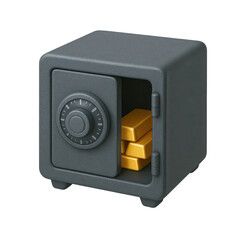 3D icon of minimalistic dark gray safe with open door revealing stacked gold bars. Slightly isometric view isolated on transparent, no shadows. Wealth protection and security concept.