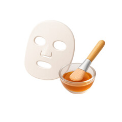 3D icon of minimalistic facial sheet mask with honey bowl and wooden applicator brush. Slightly isometric view isolated on transparent, no shadows. Skincare routine and beauty treatment concept.