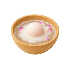 3D icon of minimalistic foam bath with petals in wooden bowl. Slightly isometric view isolated on transparent, no shadows.