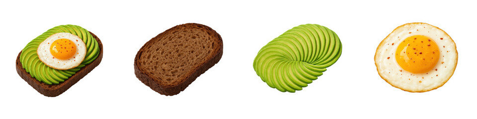 3D icon setof minimalistic deconstructed avocado toast ingredients including bread, egg, and avocado swirl. Slightly isometric view isolated on transparent, no shadows. Realistic ingredient breakdown.