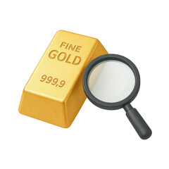 3D icon of minimalistic gold bar with magnifying glass. Slightly isometric view isolated on transparent, no shadows.